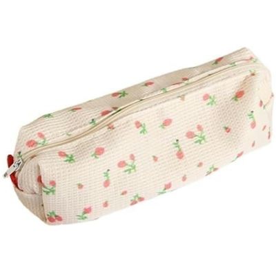 Women's Pencil Case, Pink Strawberry Design, Floral Linen, Large
