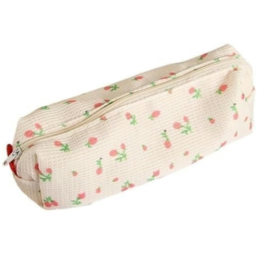 Women's Pencil Case, Pink Strawberry Design, Floral Linen, Large