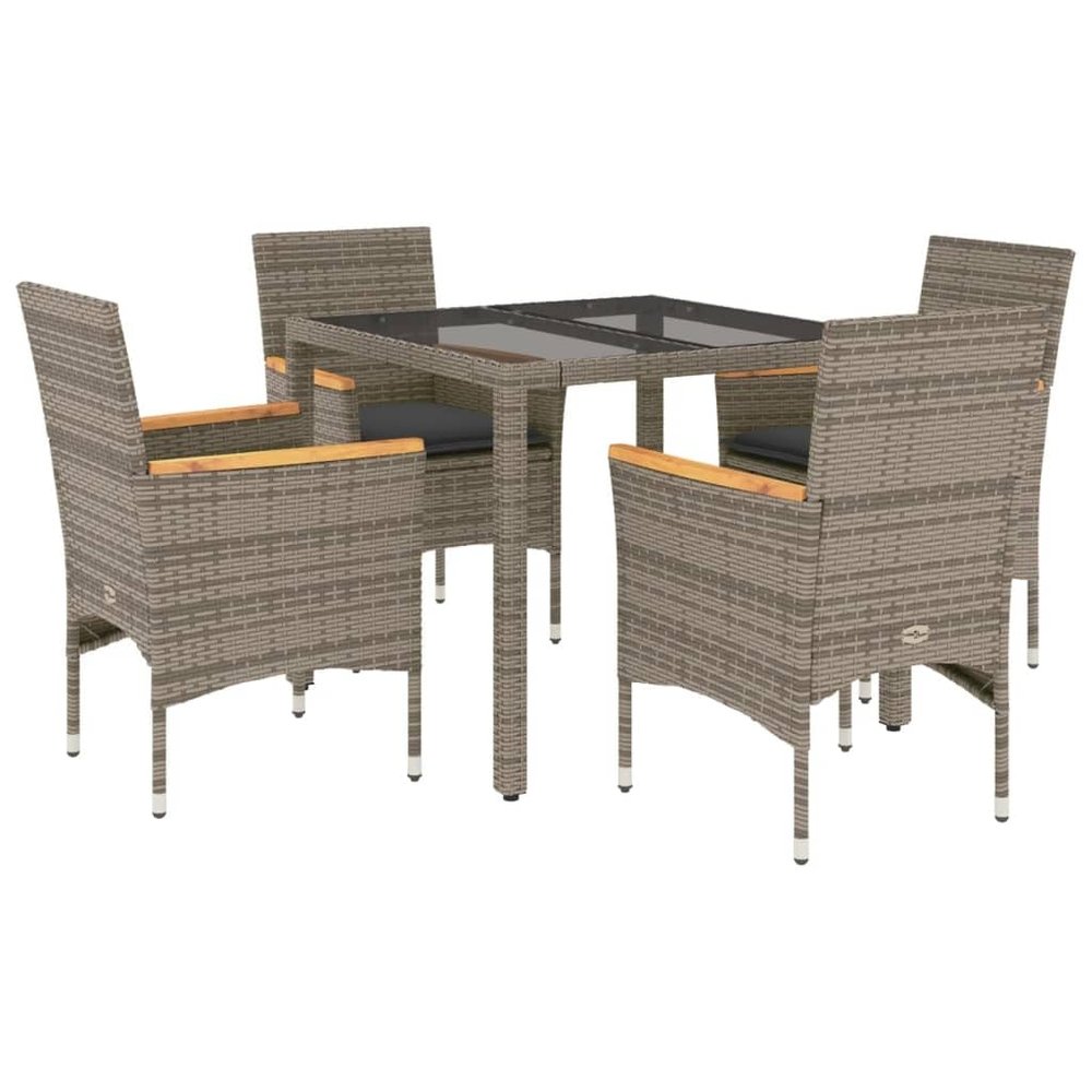 vidaXL 5-Piece Garden Dining Set with Cushions, Gray Poly Rattan and Glass