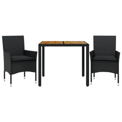 vidaXL 3-Piece Outdoor Dining Set with Cushions Black Poly Rattan and Acacia