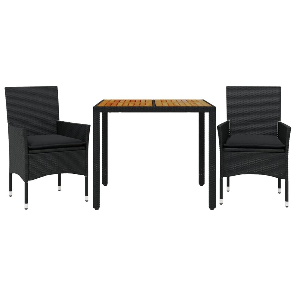 vidaXL 3-Piece Outdoor Dining Set with Cushions Black Poly Rattan and Acacia