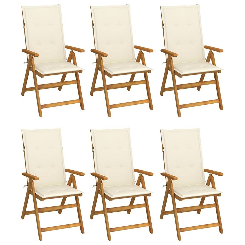 6 Foldable Solid Acacia Wood Garden Chairs with Cushions