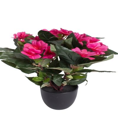 Botanic-Haus Artificial Busy Lizzie (Impatiens) in Black Plastic Pot, Rose