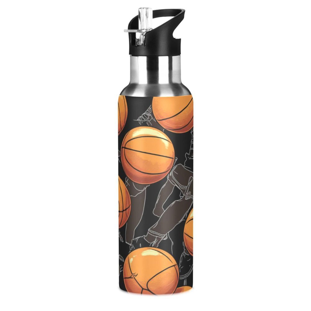 Vintager Ser Basketball Water Bottle with Straw, 600 mL BPA-Free 18/8 Stainless Steel Insulated Bottle for Sports, Hiking, and School