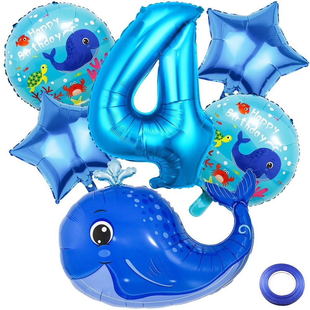 Kawailay 4th Birthday Ocean Animal Decorations, Whale Foil Balloons with Blue Number 4