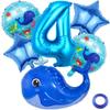 Kawailay 4th Birthday Ocean Animal Decorations, Whale Foil Balloons with Blue Number 4 view 1