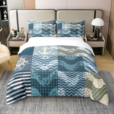Loussiesd Ocean Nautical 100% Cotton Duvet Cover Set, 155 x 220 cm, Geometric Stripe Design, 1 Pillowcase