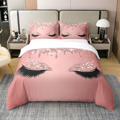 Loussiesd Eyelash 100% Cotton Duvet Cover Set, 200 x 200 cm, Pink Princess Style, Breathable, No Glitter or Sequins