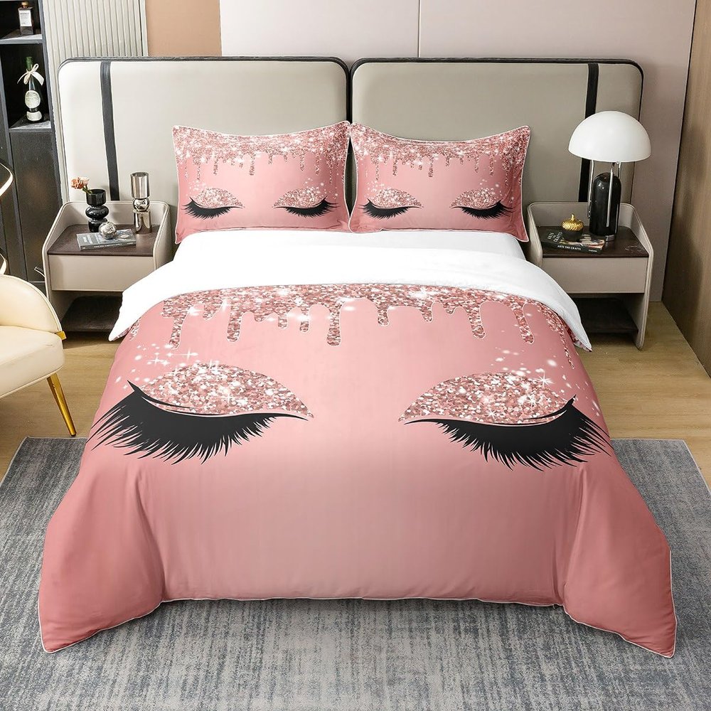 Loussiesd Eyelash 100% Cotton Duvet Cover Set, 200 x 200 cm, Pink Princess Style, Breathable, No Glitter or Sequins