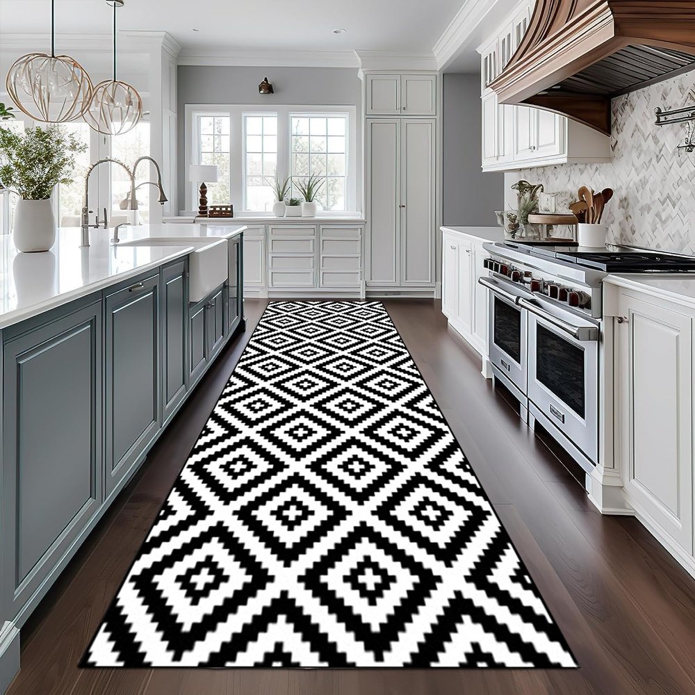 XQKXHZ Black and White Geometric Runner Rug, Soft, Washable, Non-Slip
