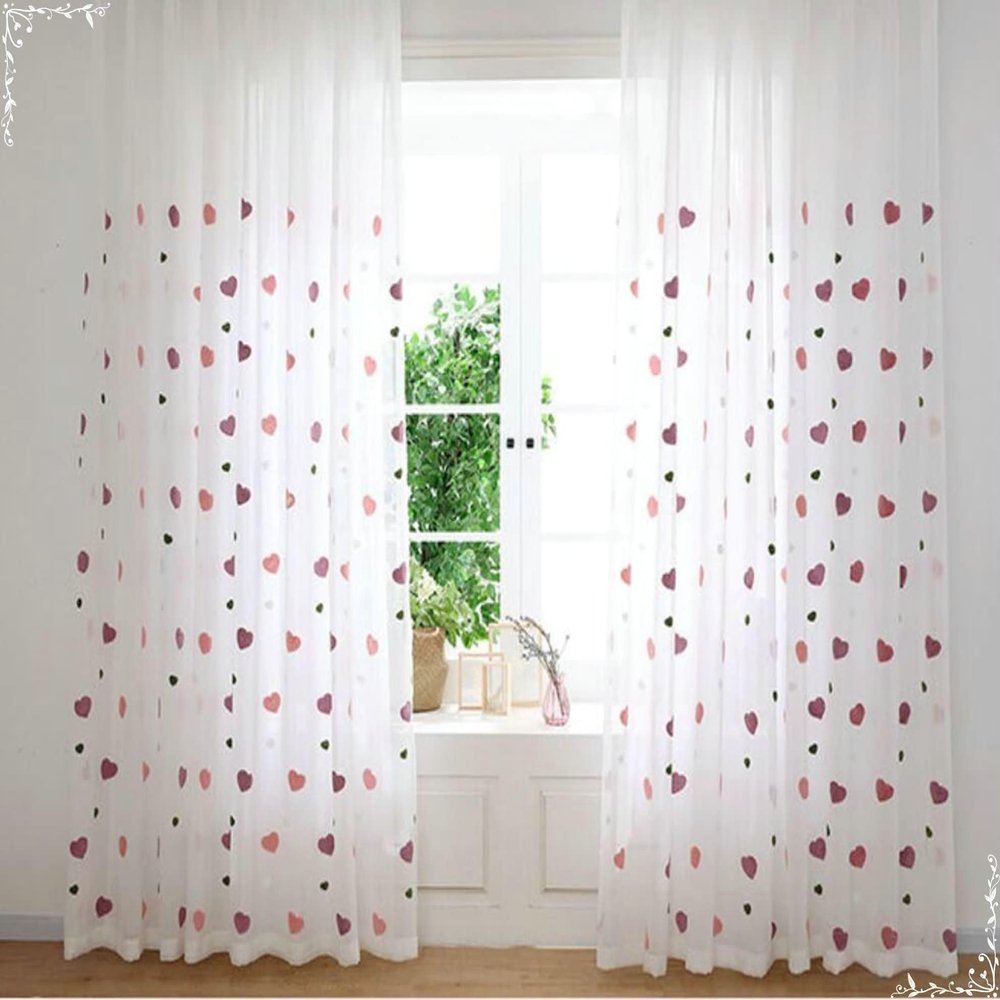 Homxi Sheer Curtain Panels, 2-Pack, Pink Heart Pattern, 52 x 96 in