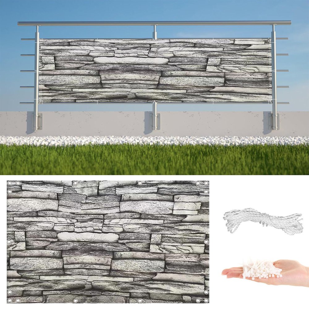 Balcony Privacy Screen 1 x 10 m, UV- and Weather-Resistant, 100% Opaque, Stone Stripe