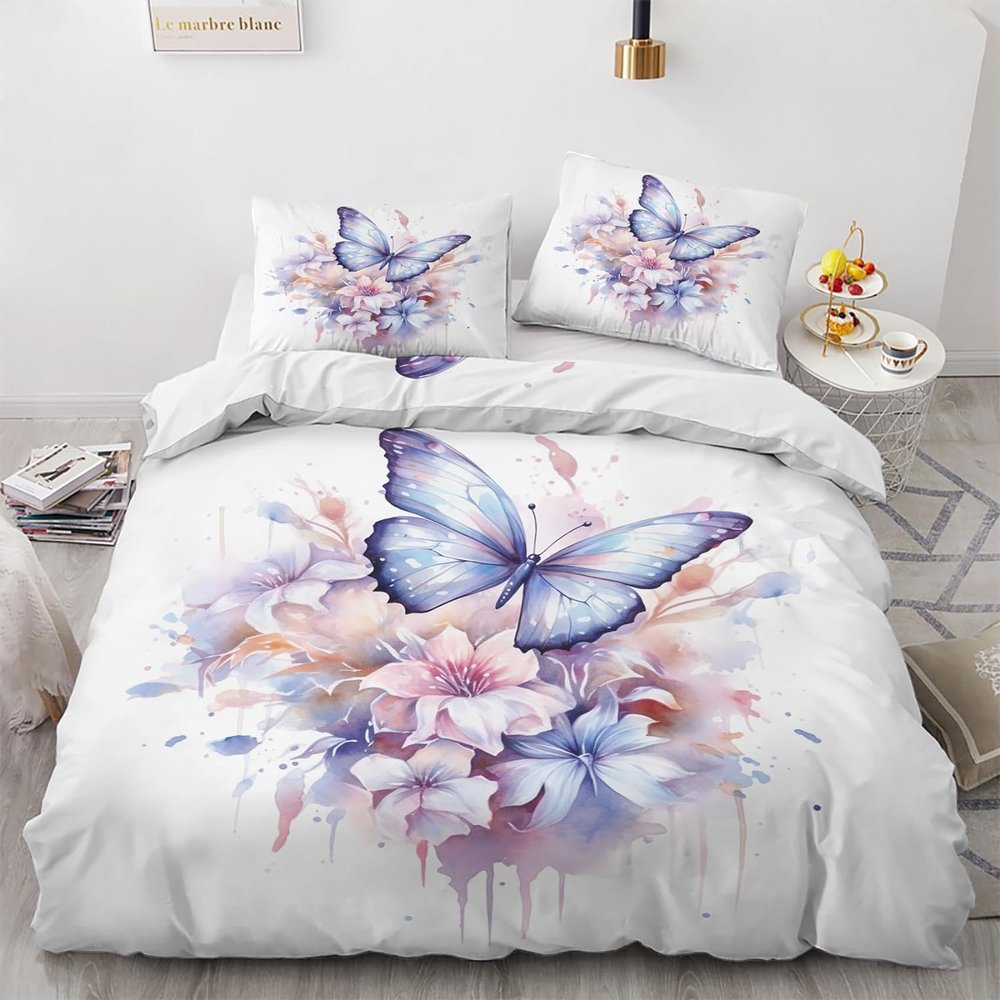 zcwl Butterfly Duvet Cover Set 200 x 200 cm, Watercolor Flowers, 3-Piece Reversible Bedding