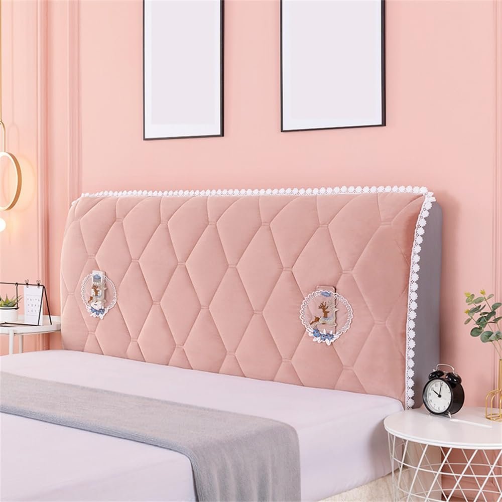 YUEZHONG Quilted Velvet Headboard Cover with Lace, Pink, Twin/120 cm/47 in