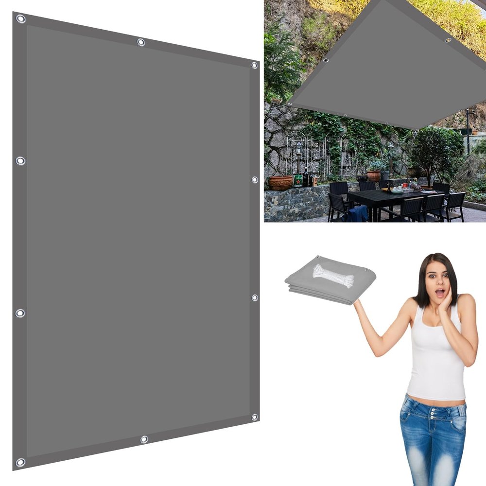 Square Sun Shade Sail 3.7 x 4.7 m, Light Gray, with Ropes and Mounting Kit