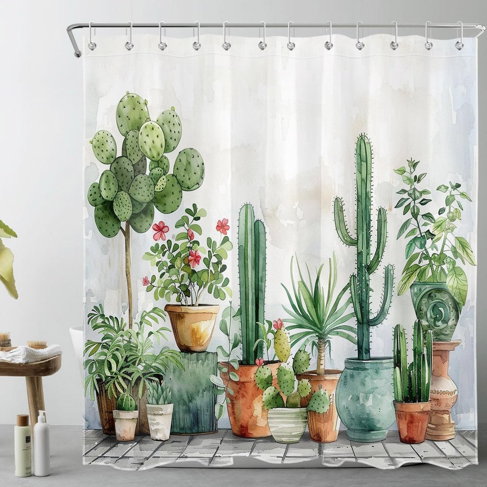 LB Succulent Plant Shower Curtain 180 x 200 cm (W x H), Green Cactus on Farm