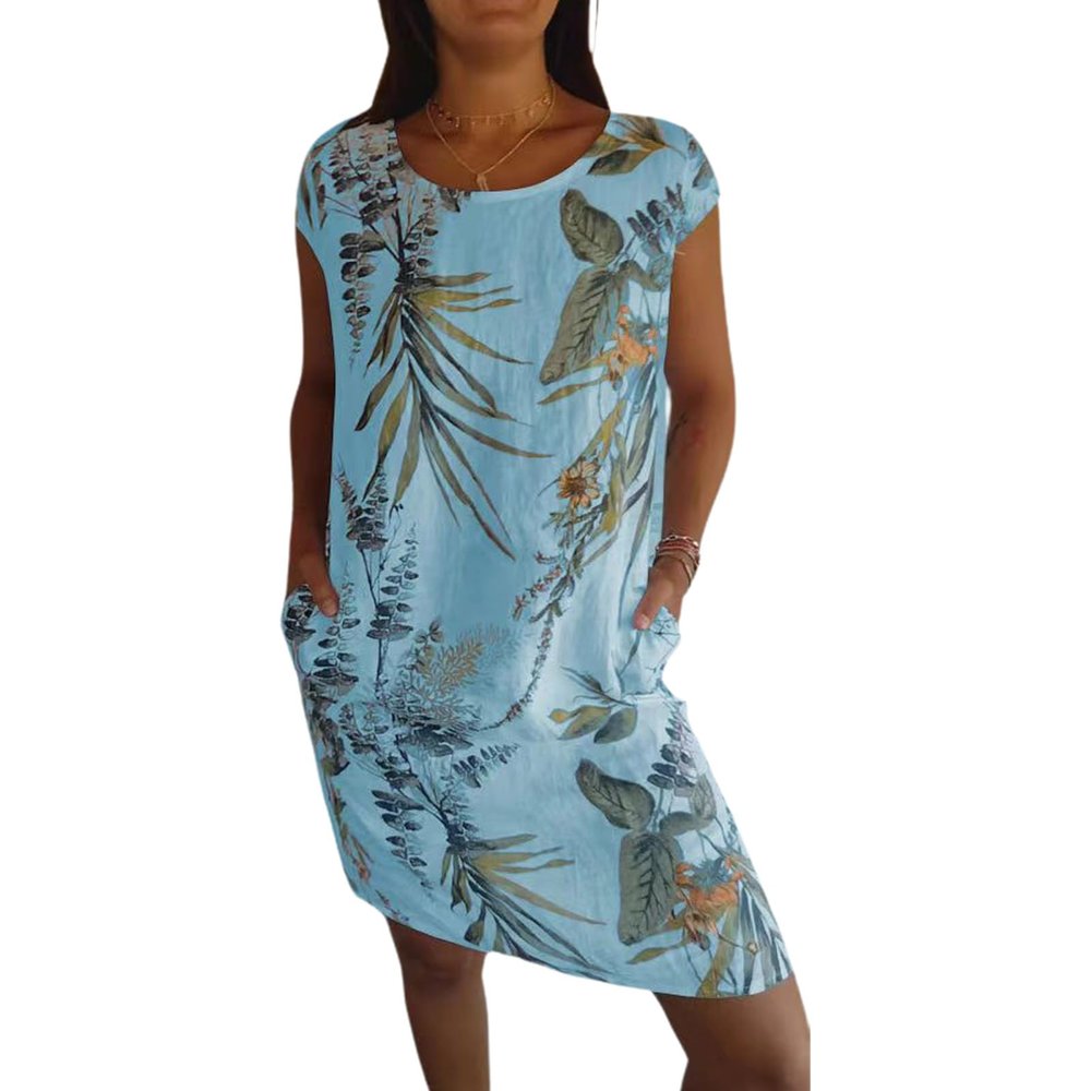 BFDSGWQ Needream Women's Cotton-Linen Dress with Printed Design and Crew Neck, Summer Casual Dress (H, XXL)