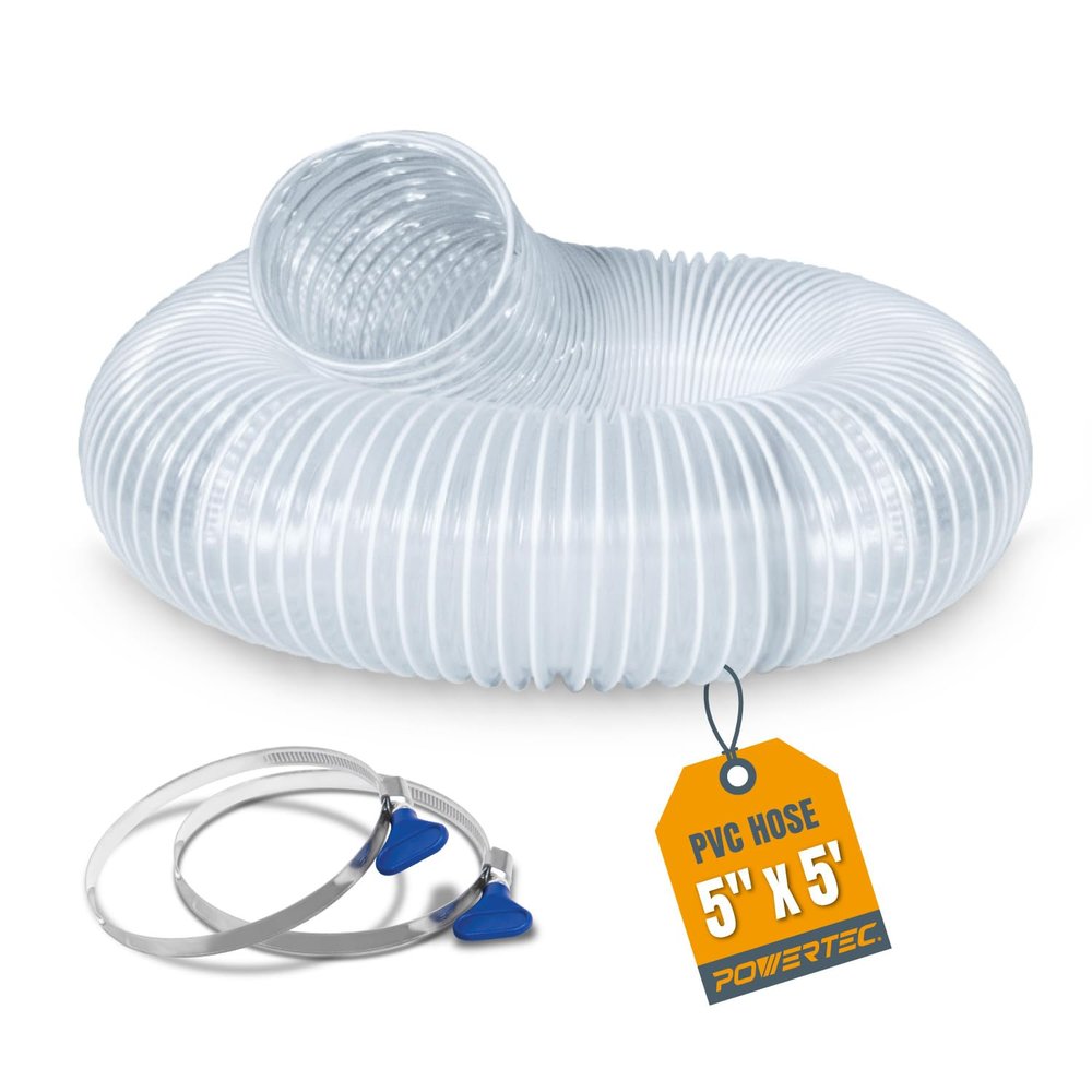 POWERTEC Flexible PVC Dust Collection Hose, 5 in. x 5 ft., with 2 Stainless Steel Key Hose Clamps