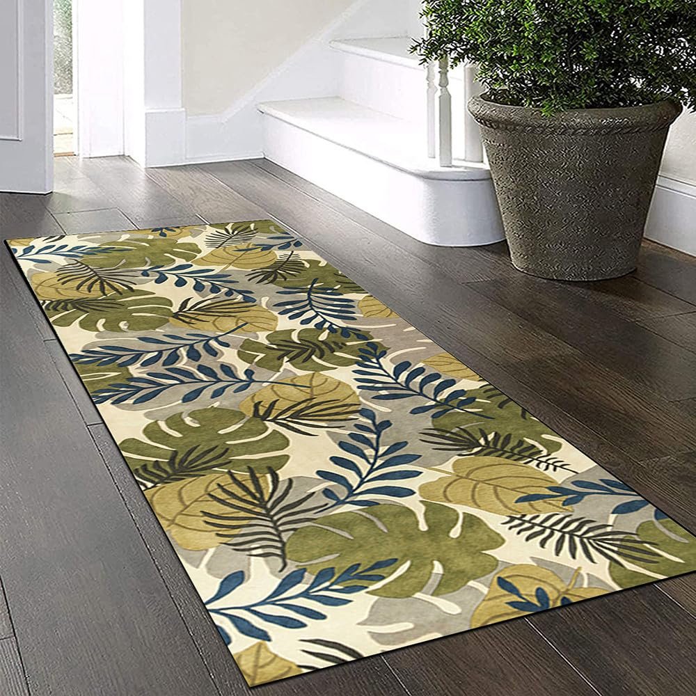 Yinghesheng Modern Non-Slip Hallway Runner, Green-Beige-Cream Leaf Pattern, Customizable
