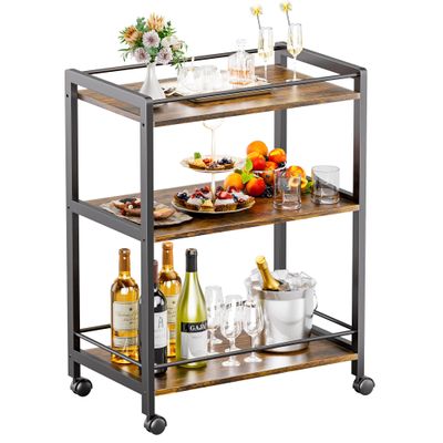 HITNET 3-Tier Bamboo Bar Cart with Wheels, Rustic Brown and Black