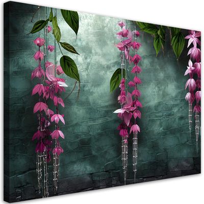 Feeby Canvas Wall Art, Leaves and Pink Flowers, 90 x 60 cm