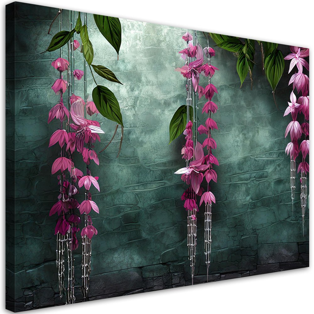 Feeby Canvas Wall Art, Leaves and Pink Flowers, 90 x 60 cm