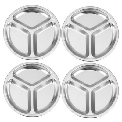 ISTOVO 4-Pack Stainless Steel 3-Section Round Divided Plates, 24 cm