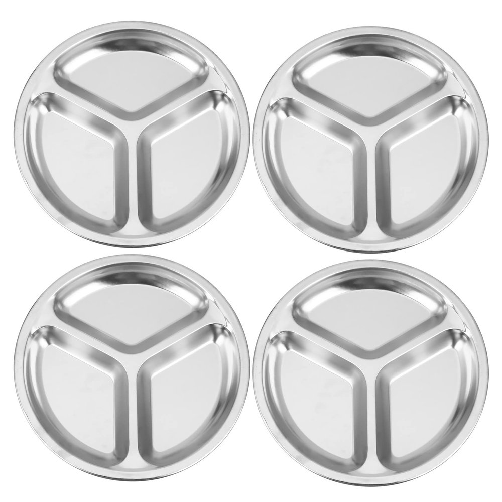ISTOVO 4-Pack Stainless Steel 3-Section Round Divided Plates, 24 cm
