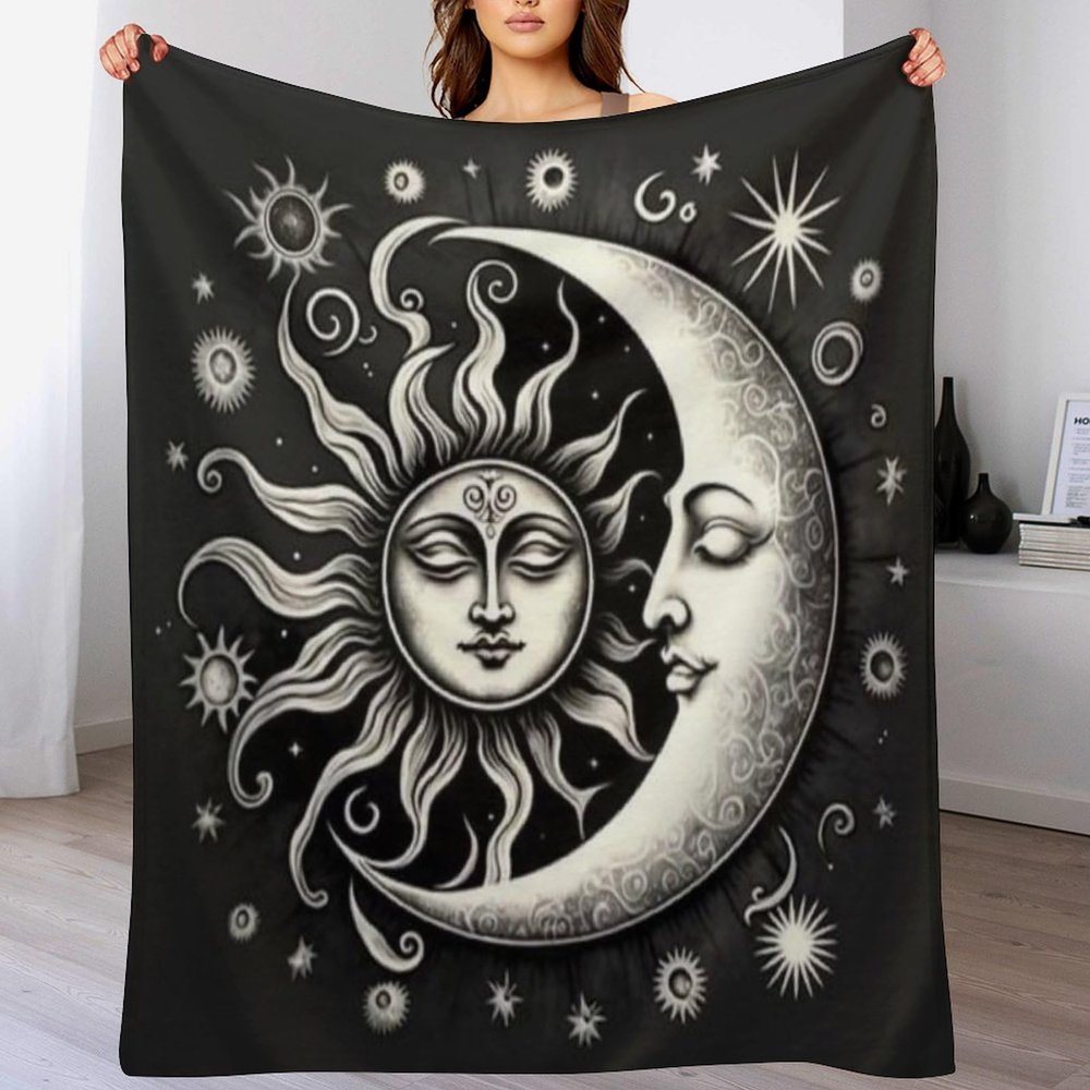 Sun and Moon Flannel Throw Blanket, Soft and Warm, 130 x 180 cm