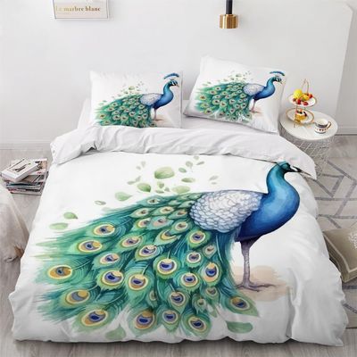VULORA 3-Piece Peacock Flower Bedding Set, Green 3D Pattern, 220 x 240 cm