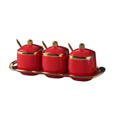 Sugar Bowl Storage Containers, Simple Ceramic Spice Container Set with Lids, Spoons and Base, Porcelain Jars for Sugar, Salt, Grains and Chili (Color: Red, Size: 3)