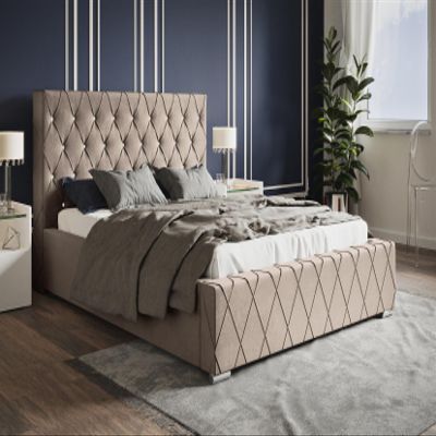 Emporius Leno Upholstered Bed 180 x 200 cm with Slatted Base, Storage, Velvet and Crystal Buttons – Beige