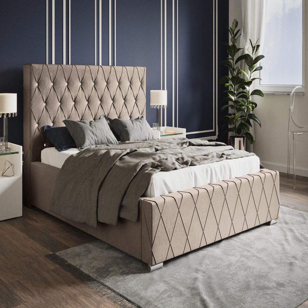 Emporius Leno Upholstered Bed 180 x 200 cm with Slatted Base, Storage, Velvet and Crystal Buttons – Beige