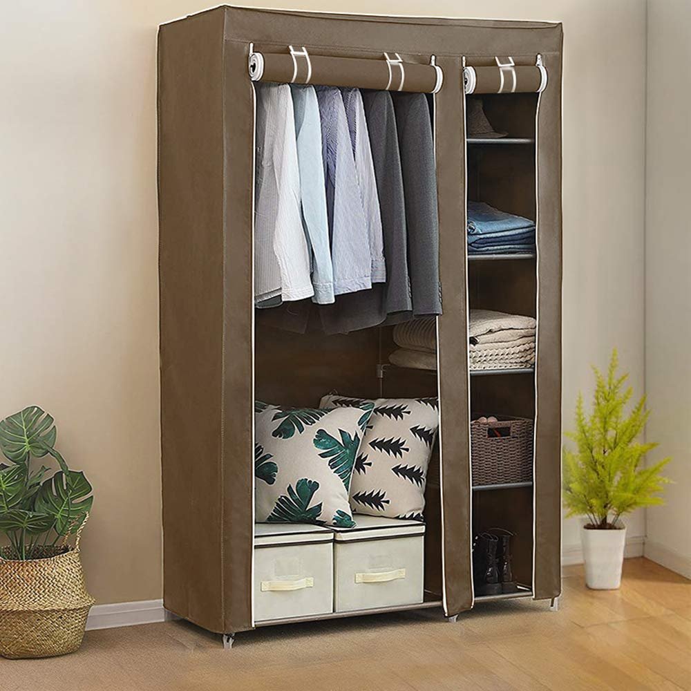 Kedia Fabric Wardrobe with Zipper, Clothing Rack and Shoe Storage, 110 × 45 × 178 cm, Coffee