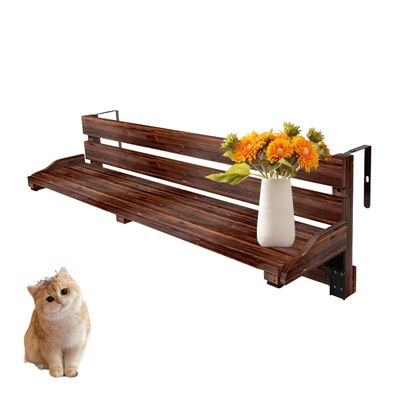 Narrow Foldable Outdoor Side Table, Balcony Flower Rack with Hanging Railing Mount, Brown, Size 120