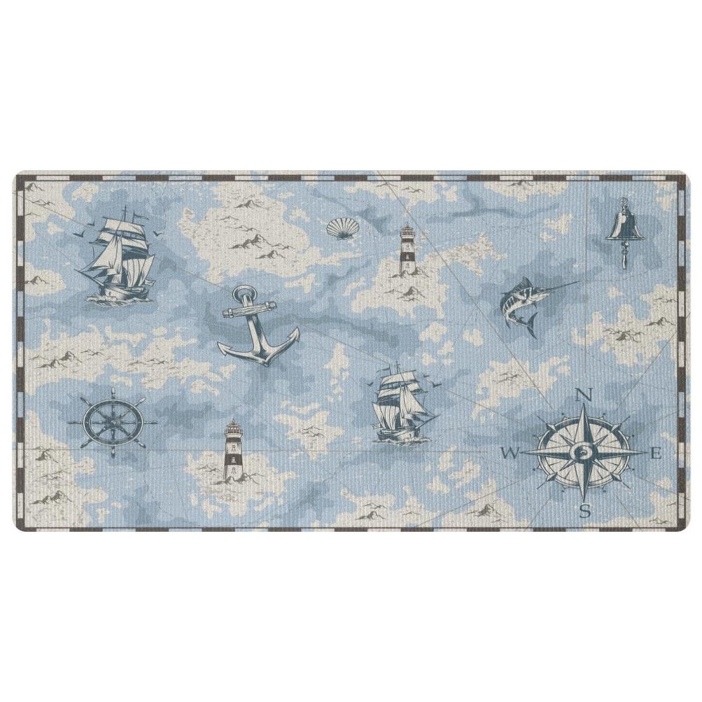 VAPOKF Kitchen Mat, Vintage Nautical Map with Anchor and Lighthouse, Non-Slip, Washable, Absorbent