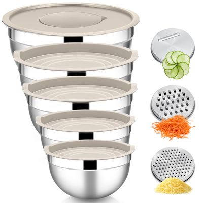 HaWare 5-Piece Stainless Steel Mixing Bowl Set with Airtight Lids & 3 Grater Attachments, 4.6 L/2.8 L/1.6 L/1.2 L/0.7 L, Stackable & Dishwasher Safe, Khaki
