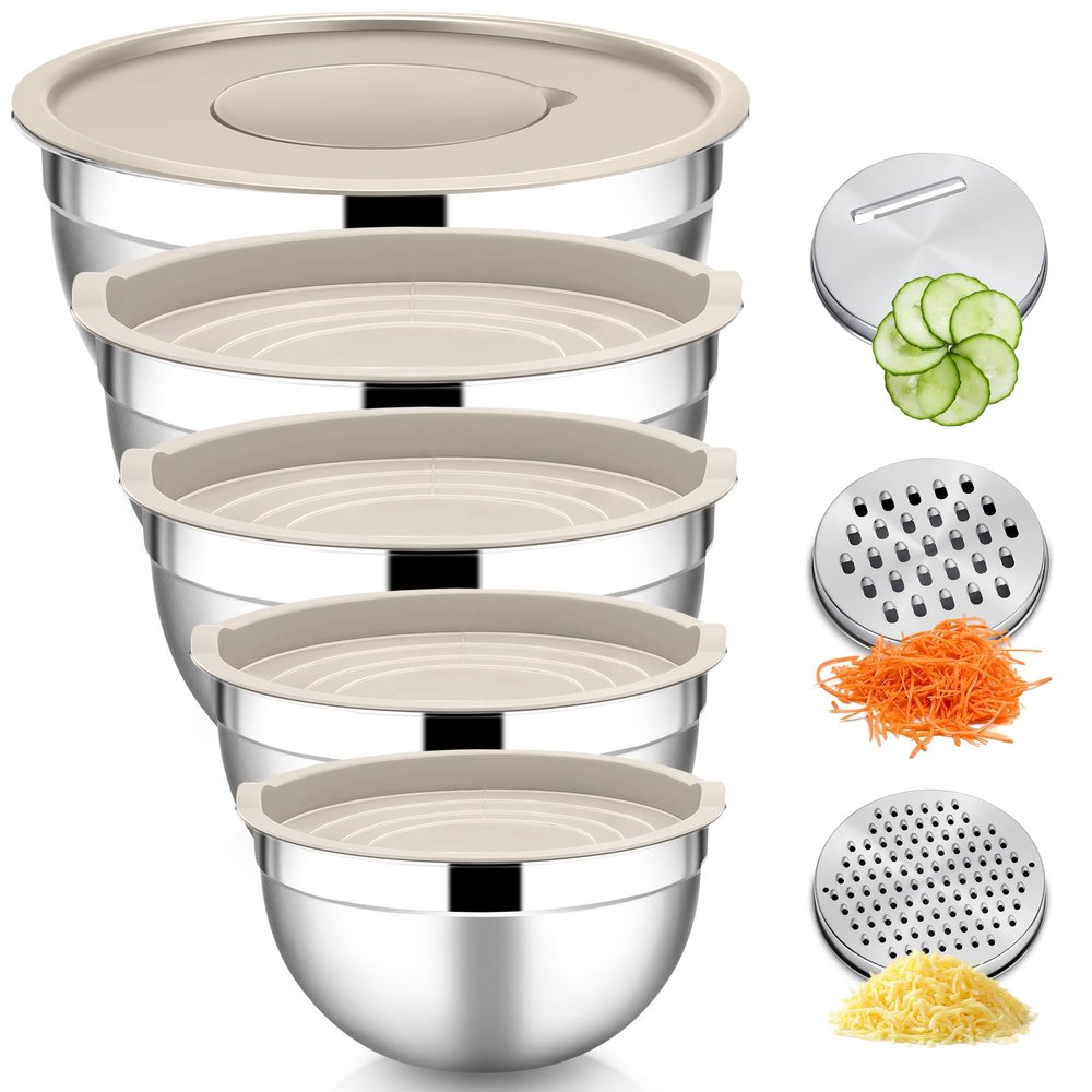 HaWare 5-Piece Stainless Steel Mixing Bowl Set with Airtight Lids & 3 Grater Attachments, 4.6 L/2.8 L/1.6 L/1.2 L/0.7 L, Stackable & Dishwasher Safe, Khaki