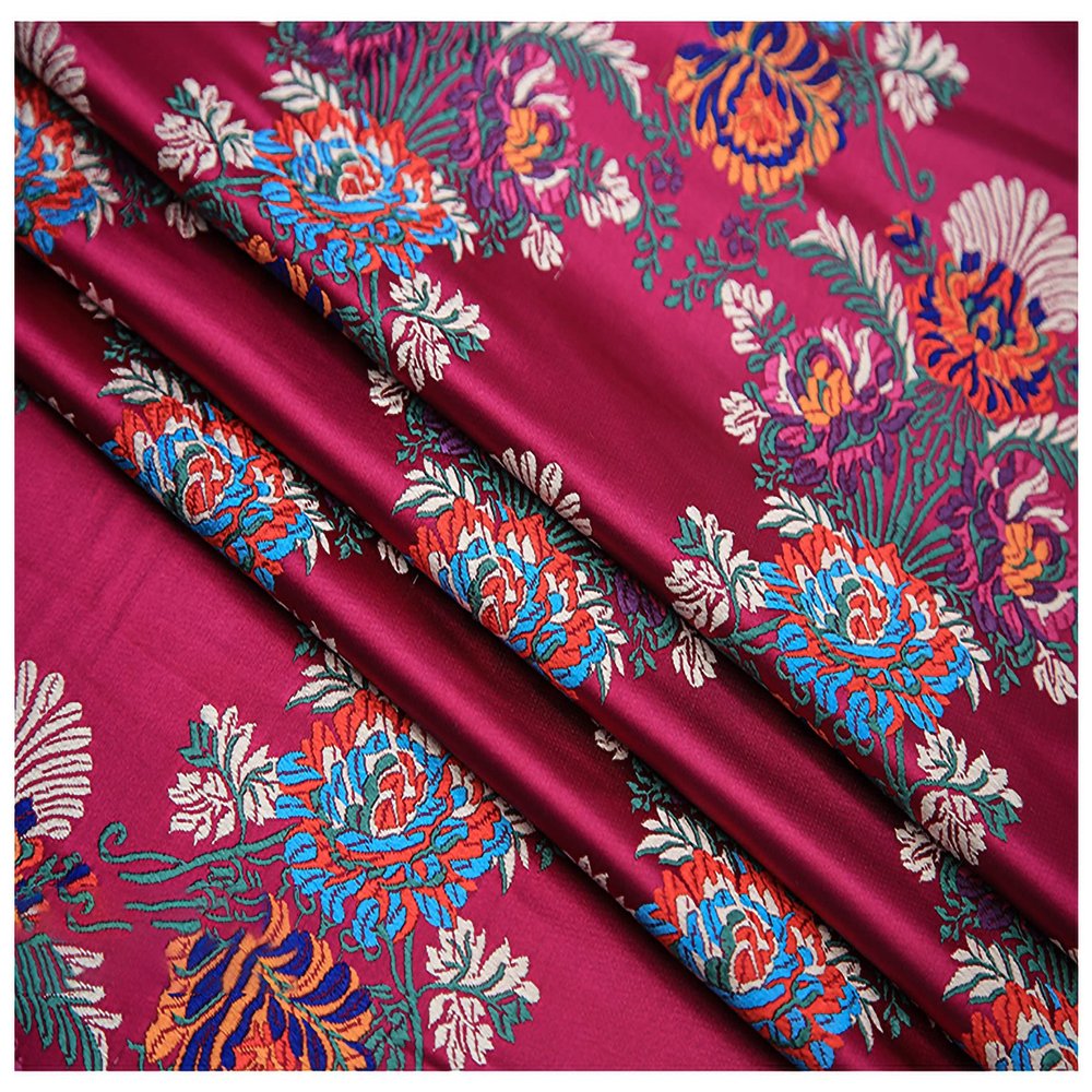 OqcEha Embroidery Damask Fabric, Satin Jacquard Floral Fabric, 75 cm Wide, Sold by the Meter, for Clothing, Handmade Bags, Cushions and Cheongsam (Rose Red)