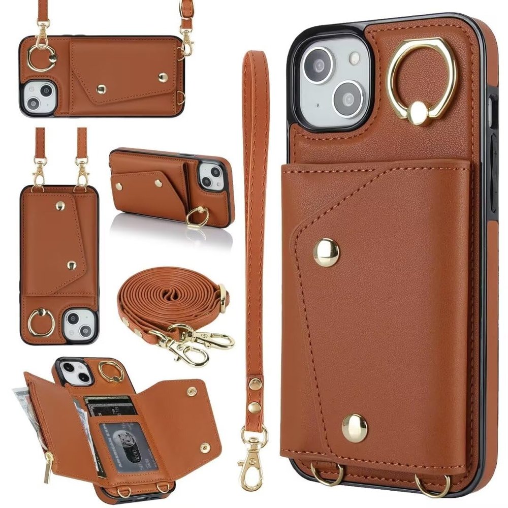 KRjcsfhy Wallet Case with Lanyard and Ring for iPhone 15 Plus, Brown