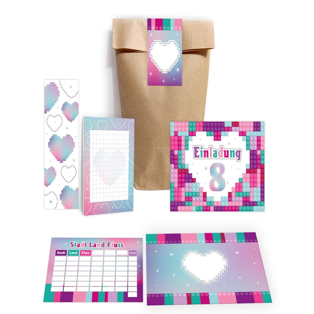 6 Invitations for an 8th Birthday Party – Building Blocks, Heart, Purple, Pink, Blue & Turquoise