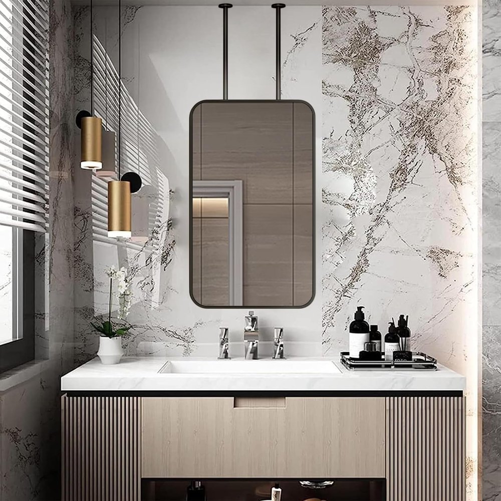 SZITW Large Black Bathroom Mirror with Metal Frame and Double Extension Arm