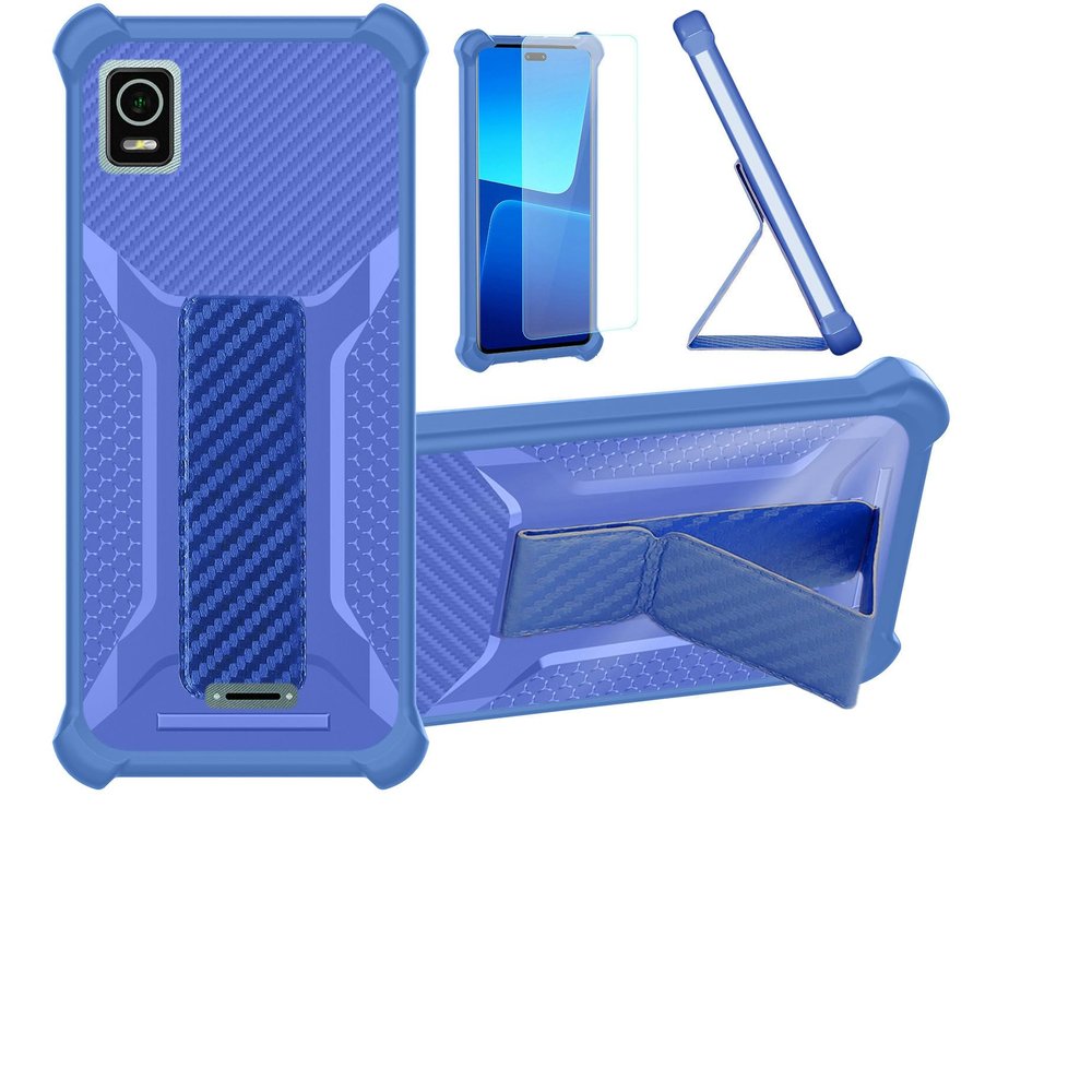 Aroepurt Case for Cricket Debut Smart with Tempered Glass Screen Protector, Hybrid Folding Magnetic Stand, Frosted Anti-Fingerprint, Blue