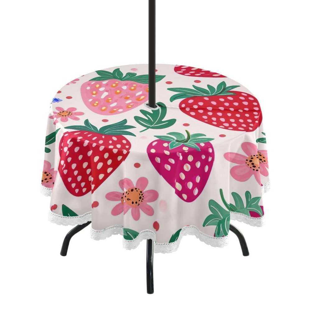 JUMBEAR Round Tablecloth with Strawberries and Flowers, Umbrella Hole and Zipper, Waterproof for Indoor and Outdoor Use