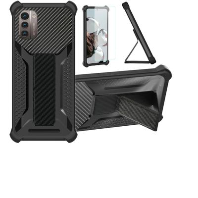 Aroepurt Nokia G21 Hybrid Case with Tempered Glass Screen Protector, Magnetic Folding Stand, Frosted Anti-Fingerprint, Black