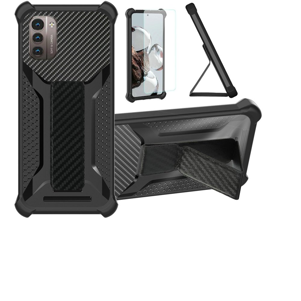 Aroepurt Nokia G21 Hybrid Case with Tempered Glass Screen Protector, Magnetic Folding Stand, Frosted Anti-Fingerprint, Black