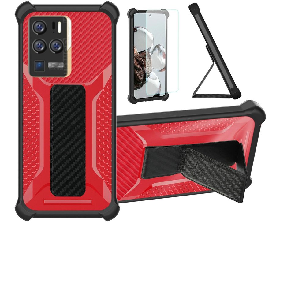 Case for ZTE Axon A31 Ultra with Tempered Glass Screen Protector, Hybrid, Folding Magnetic Stand, Frosted Anti-Fingerprint, Red