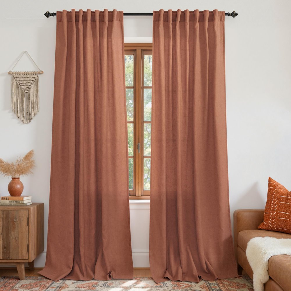 KOUFALL Sheer Linen Curtains for Living Room, 132 x 229 cm, Terracotta Backing