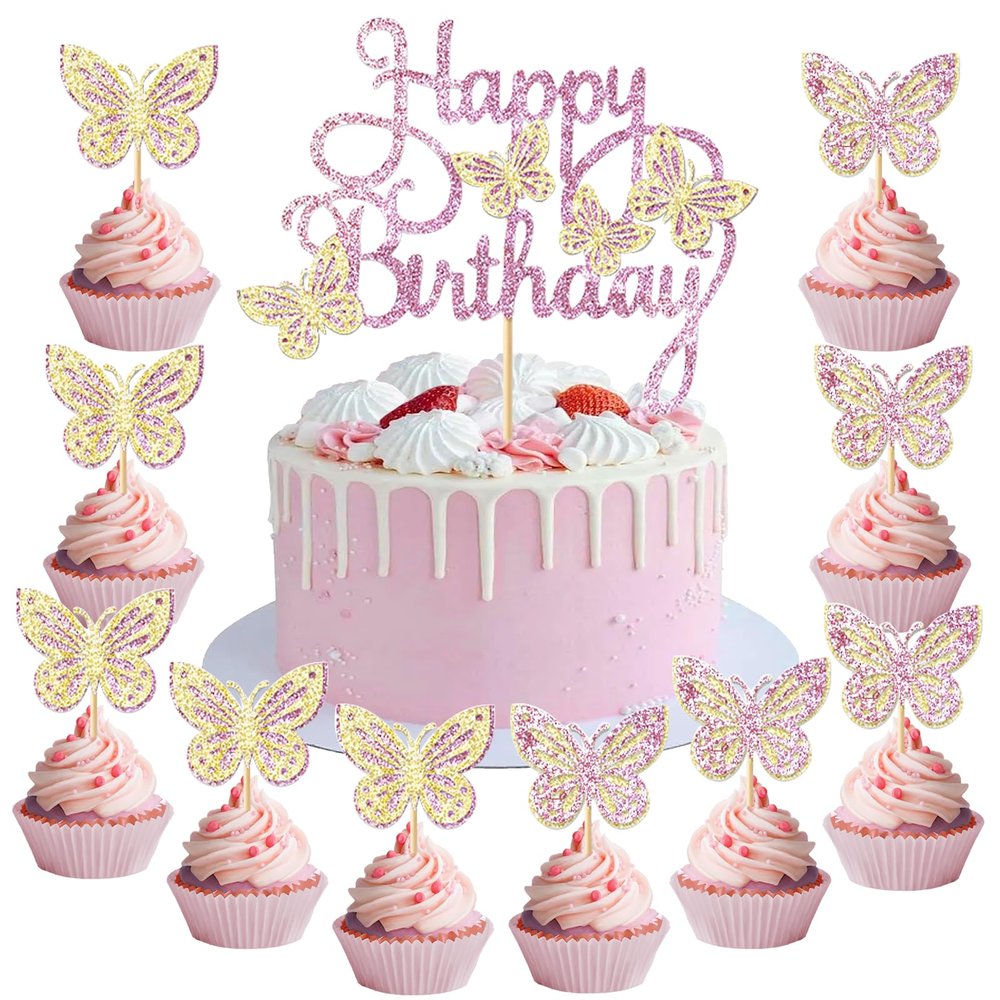 Butterfly Cake Decorations, 13-Piece Set with Happy Birthday Cake Topper