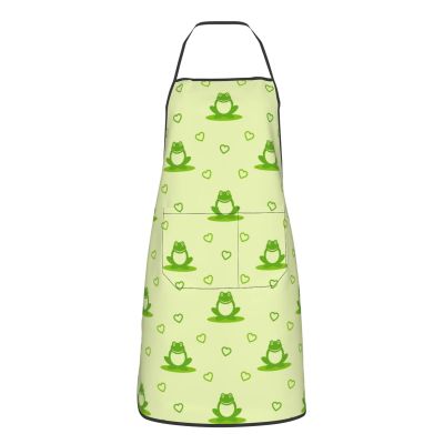 Lrtyuasq Happy Frog Apron, Waterproof, Adjustable, with Pockets, Green Pattern, One Size